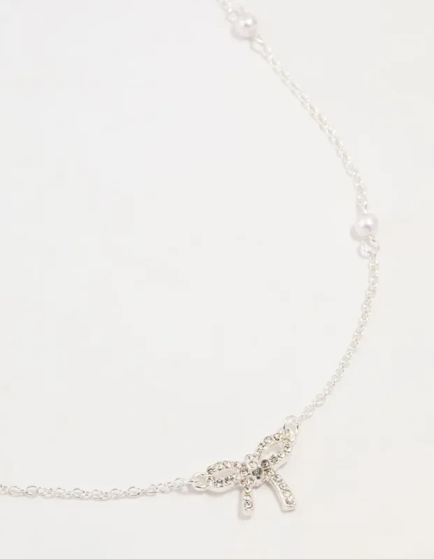 Silver Station Pearl Diamante Bow Necklace sold by lovisa