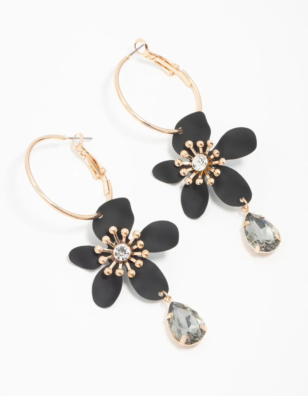 Gold Hoop Black Flower Diamante Hoop Earrings sold by lovisa