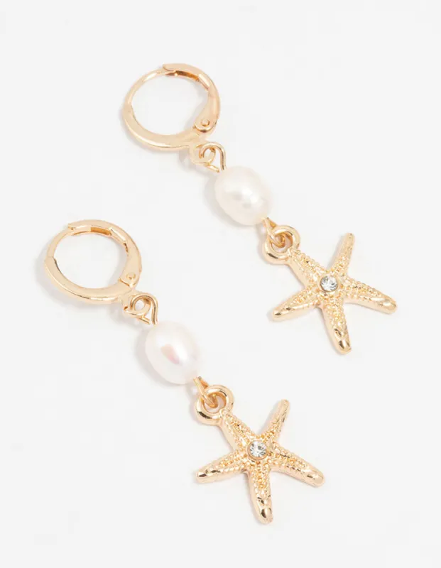 Gold Pearl Starfish Huggie Drop Earrings sold by lovisa