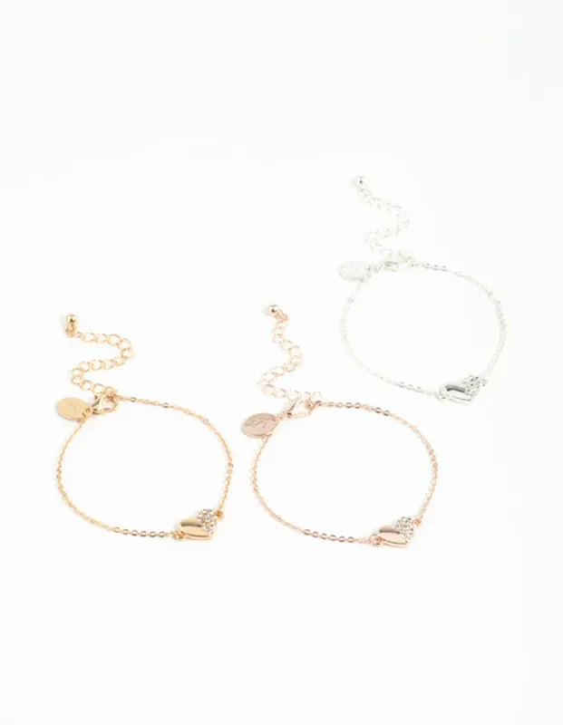 Mixed Metals Hearts Half Diamante Bracelets 3-Pack sold by lovisa