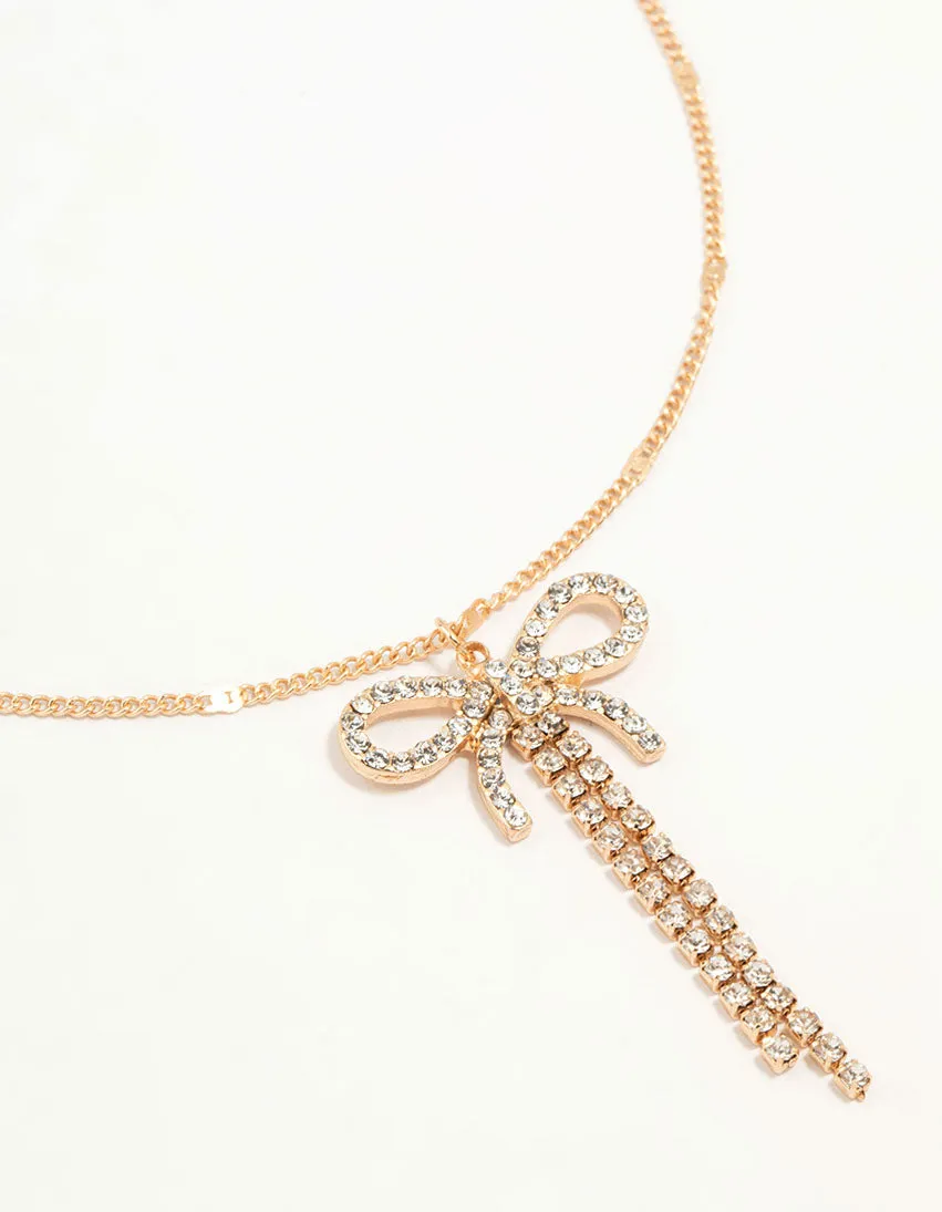 Gold Diamante Bow Drop Necklace sold by lovisa