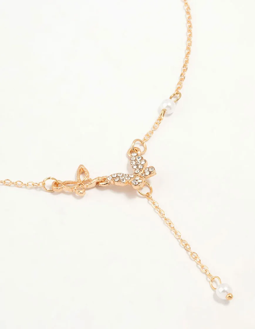 Gold Diamante Pearl Butterfly Y-Necklace sold by lovisa