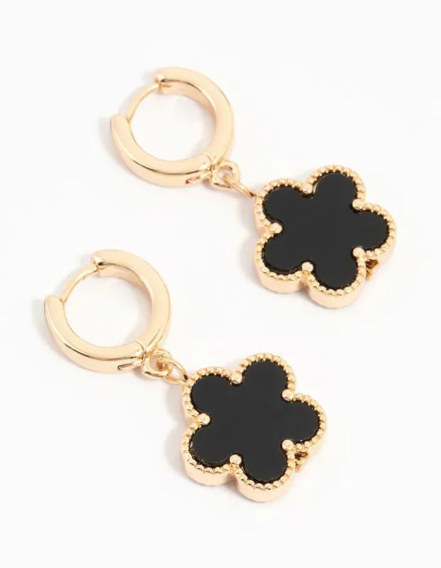 Gold Black Flower Drop Huggie Earrings sold by lovisa