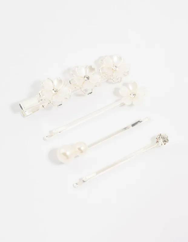 Silver Pearl Mixed Flower Clips 4-Pack sold by lovisa