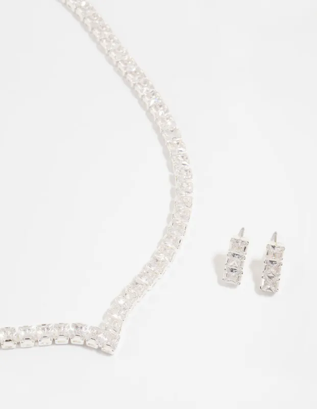Silver Cubic Zirconia Thick V Necklace & Earrings Set sold by lovisa