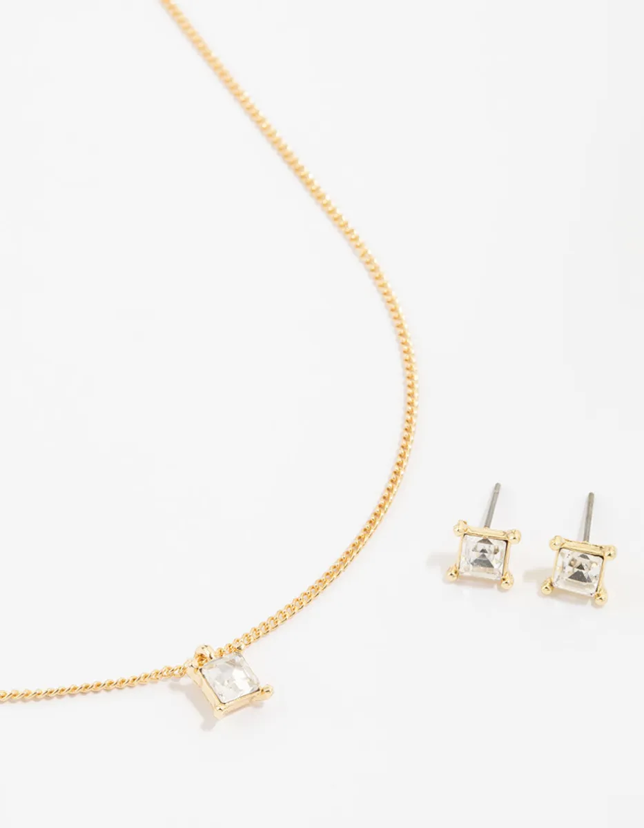Gold Plated Diamante Square Necklace & Earrings Set sold by lovisa