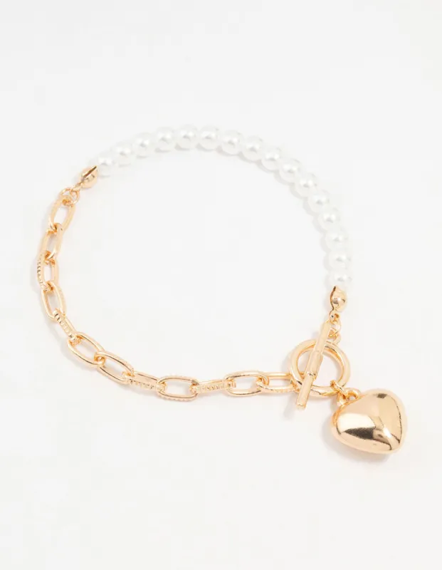 Gold Pearl Heart Charm T&O Bracelet sold by lovisa
