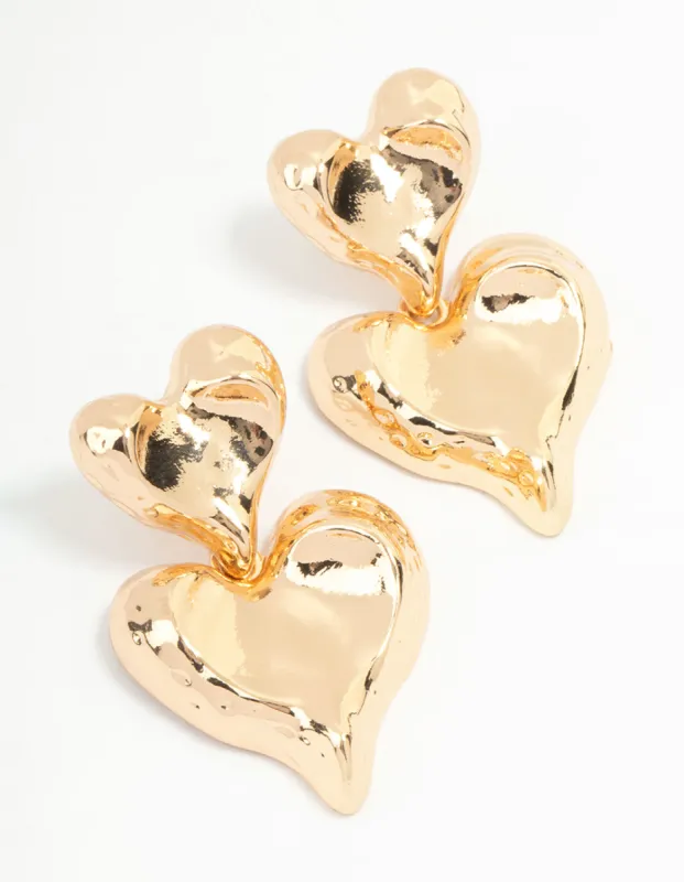 Gold Double Heart Drop Earrings sold by lovisa