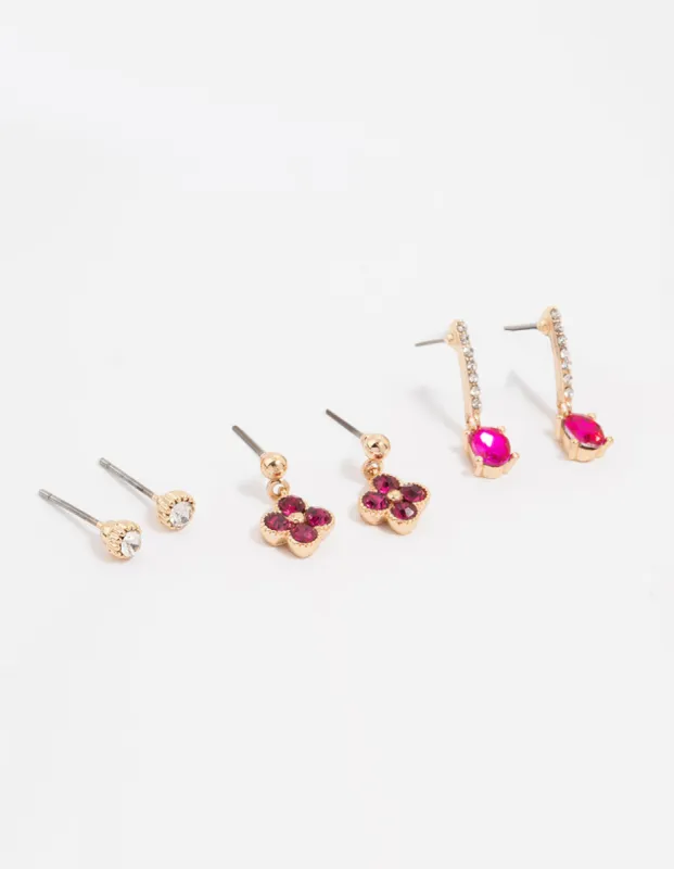 Gold Pink Diamante Clover Stud Earrings 3-Pack sold by lovisa