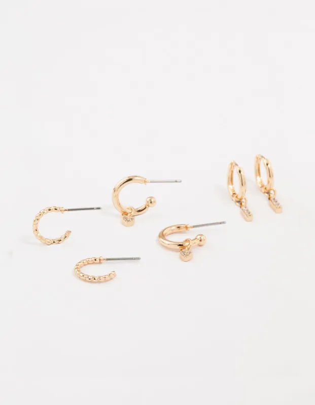 Gold Cubic Zirconia Heart & Twisted Huggie Earrings 3-Pack sold by lovisa