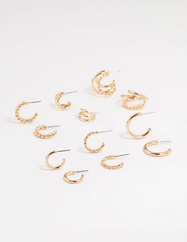 Gold Twisted & Sleek Hoop Earrings 6-Pack sold by lovisa