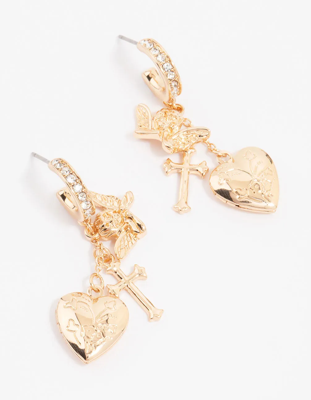 Gold Cherub Heart Cross Huggie Earrings sold by lovisa