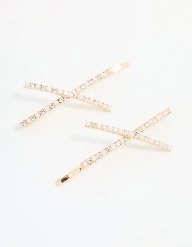 Gold Acrylic & Pearl Crossover Hair Slides 2-Pack sold by lovisa
