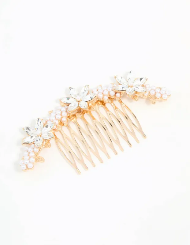Rose Gold Diamante & Pearl Flower Comb sold by lovisa
