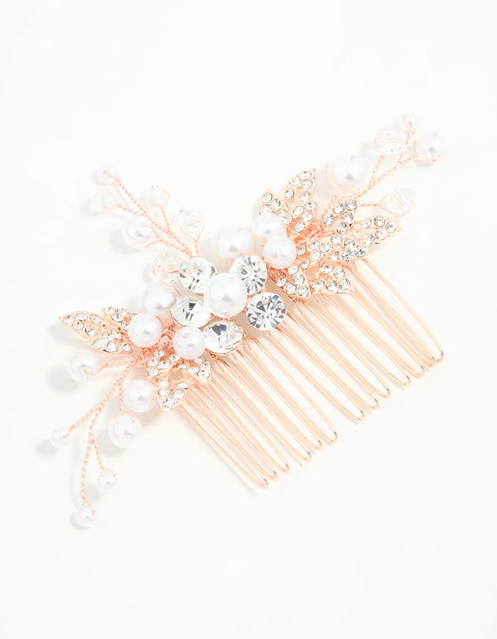 Rose Gold Diamante & Pearl Leaf Hair Comb sold by lovisa