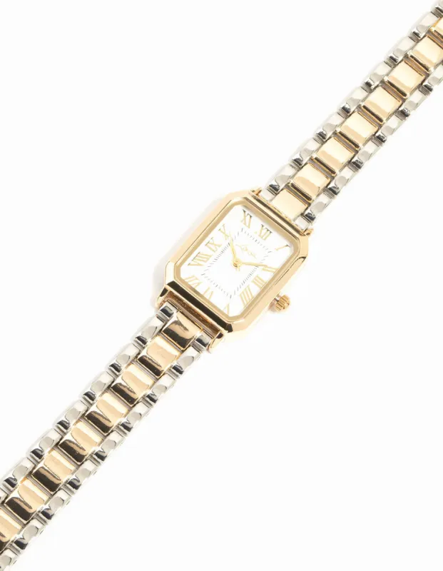 Mixed Metals Rectangle Roman Numeral Watch sold by lovisa