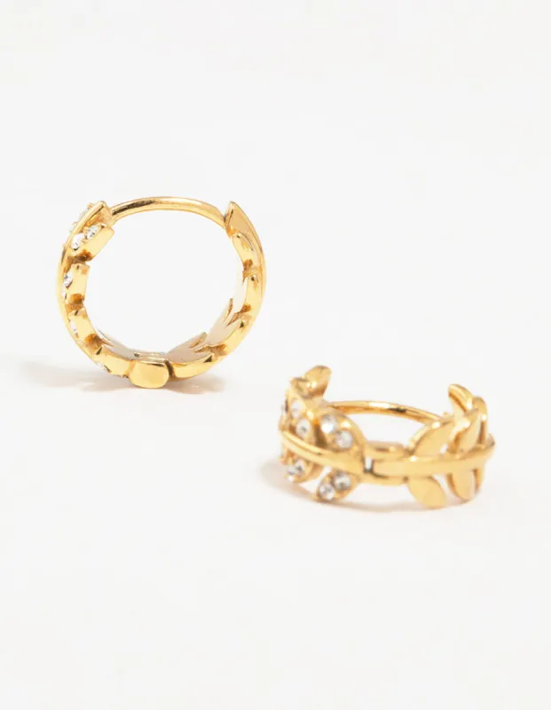 Gold Plated Surgical Steel Diamante Leaf Huggie Earrings sold by lovisa