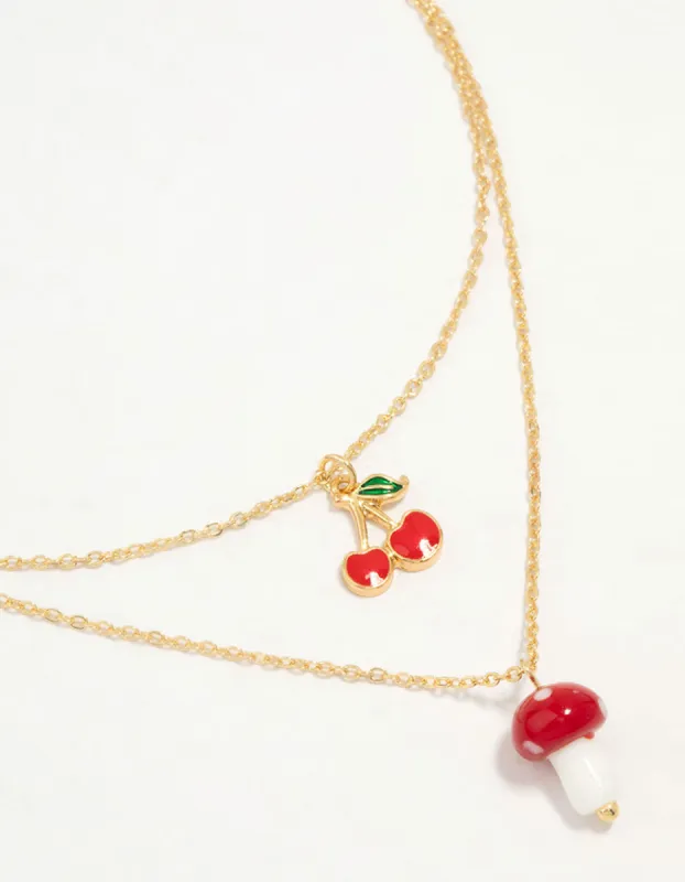 Gold Plated Cherry & Mushroom Layered Necklace sold by lovisa