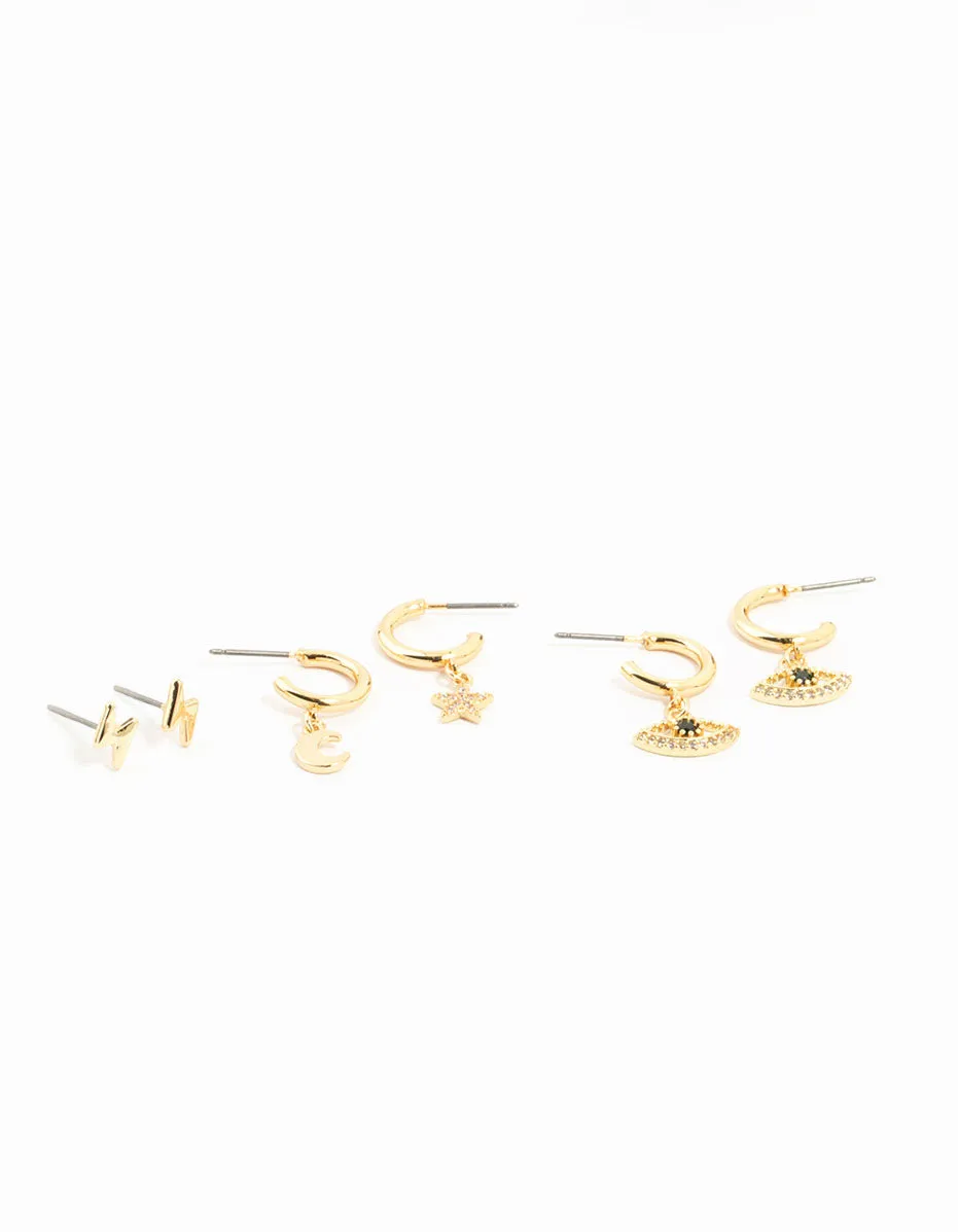 Gold Plated Cubic Zirconia Evil Eye & Moon Earrings 3-Pack sold by lovisa