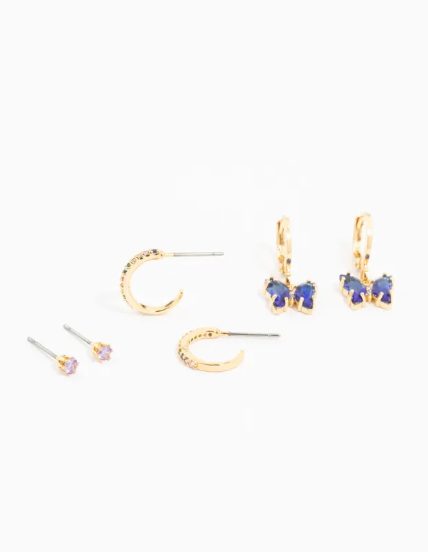 Gold Plated Blue Cubic Zirconia Butterfly Earrings 3-Pack sold by lovisa