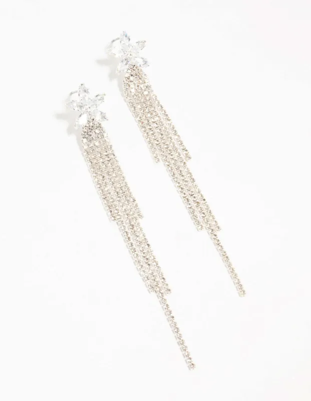Diamante Floral Cup Chain Drop Silver Earrings sold by lovisa