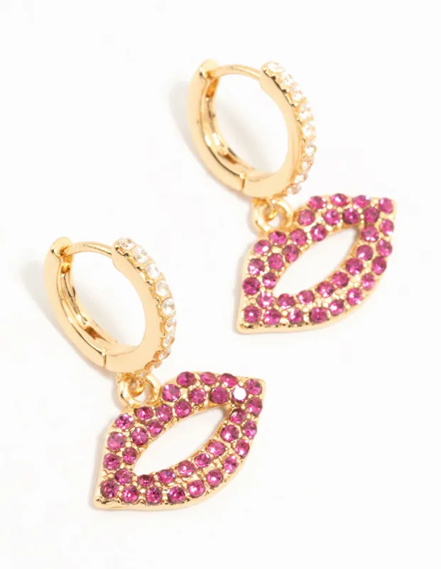 Gold Plated Pink Diamante Lips Huggie Earrings sold by lovisa