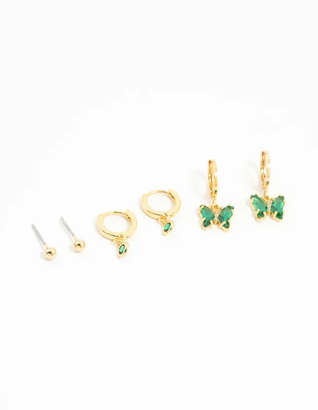 Gold Plated Green Cubic Zirconia Butterfly Earrings 3-Pack sold by lovisa