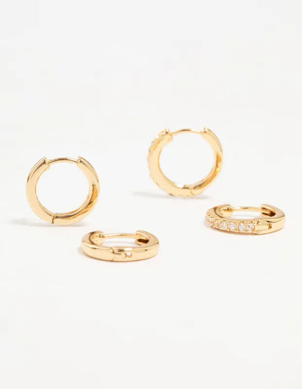 Gold Plated Cubic Zirconia & Sleek Huggie Earrings 2-Pack sold by lovisa