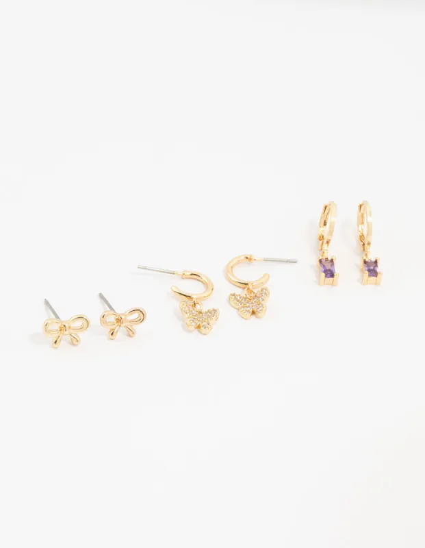 Gold Plated Cubic Zirconia Butterfly & Bow Earrings 3-Pack sold by lovisa