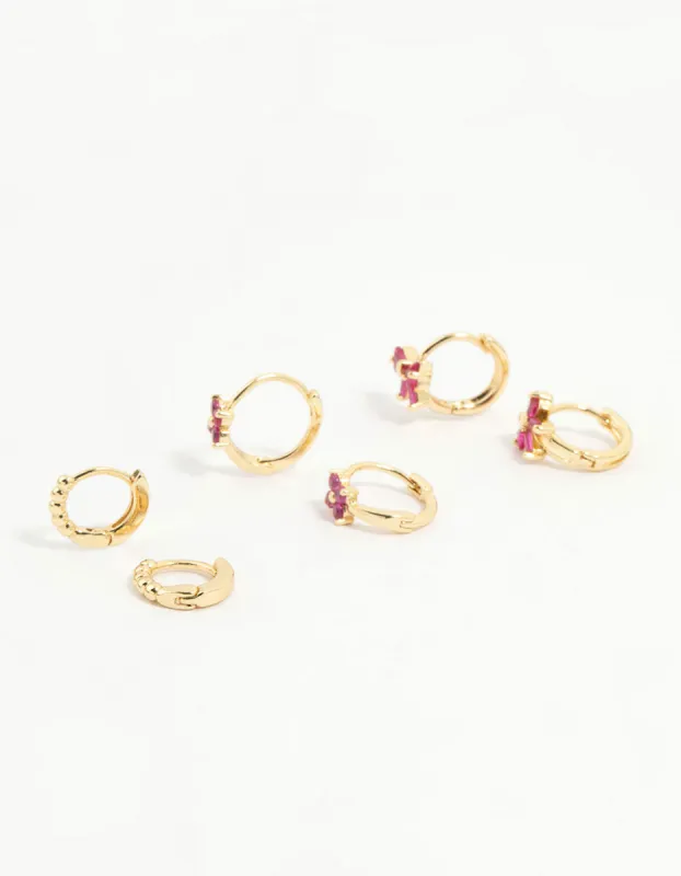 Gold Plated Pink Cubic Zirconia Bow Huggie Earrings 3-Pack sold by lovisa