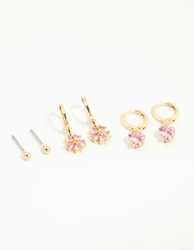 Gold Plated Pink Cubic Zirconia Flower & Heart Earrings 3-Pack sold by lovisa