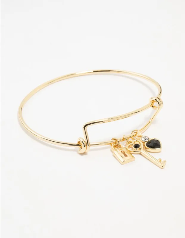 Gold Plated Heart & Key Charm Bangle sold by lovisa