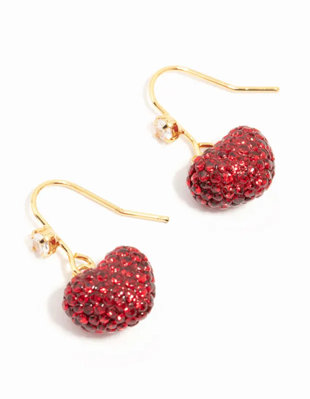 Gold Plated Red Diamante Puffy Heart Drop Earrings sold by lovisa