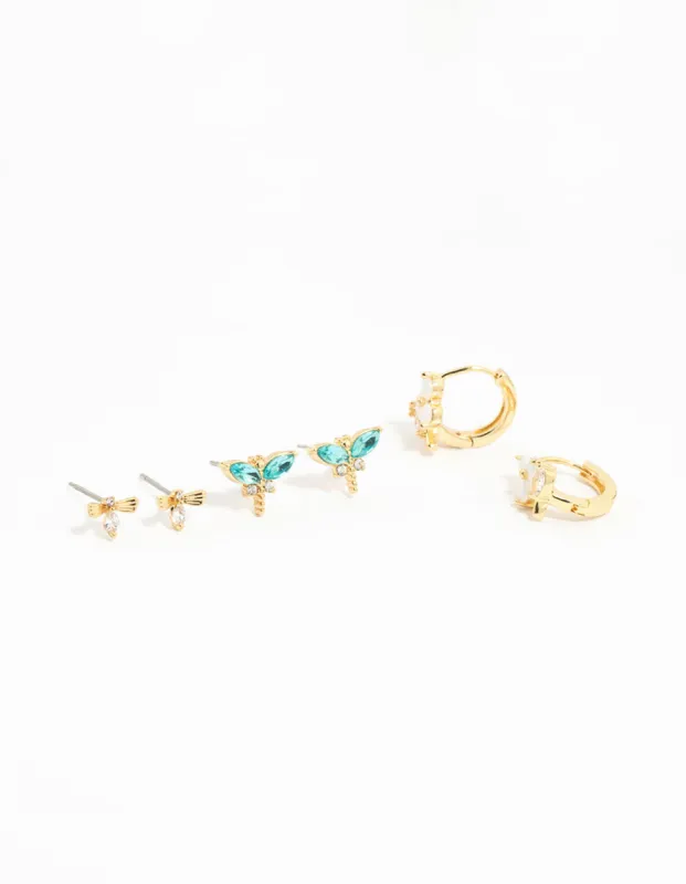 Gold Plated Blue Cubic Zirconia Butterfly & Bow Earrings 3-Pack sold by lovisa