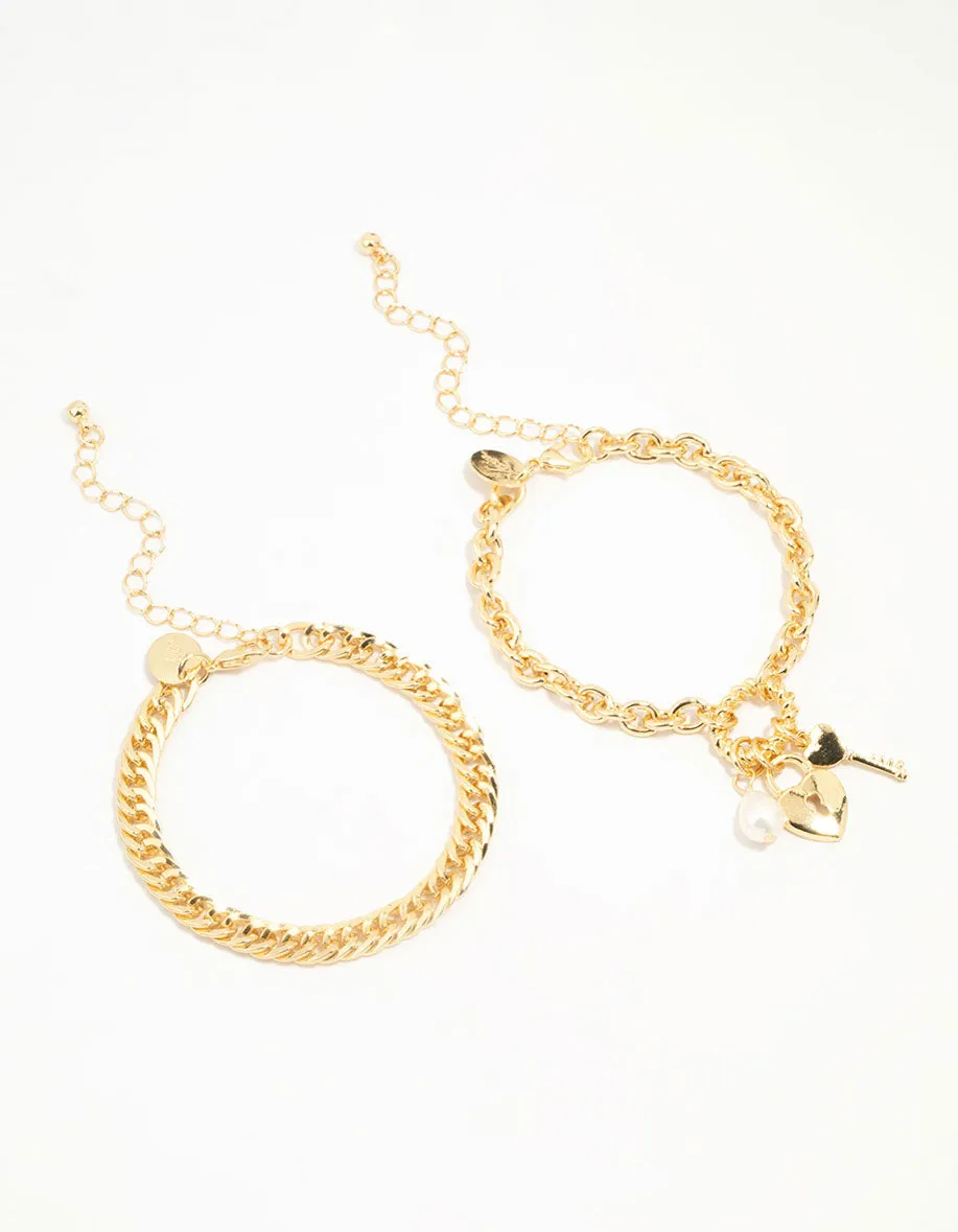 Gold Plated Chain & Lock Charm Bracelets 2-Pack sold by lovisa