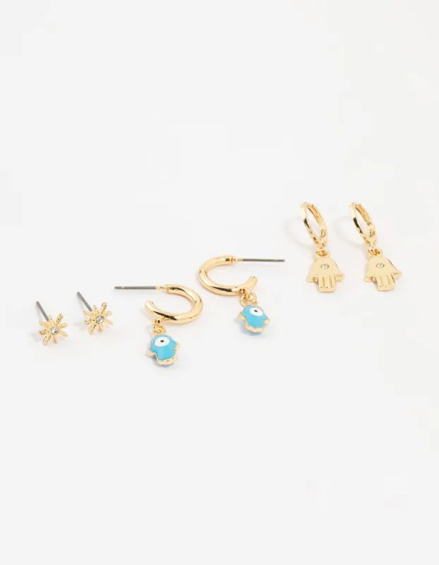Gold Plated Hamsa Hand & Evil Eye Earrings 3-Pack sold by lovisa