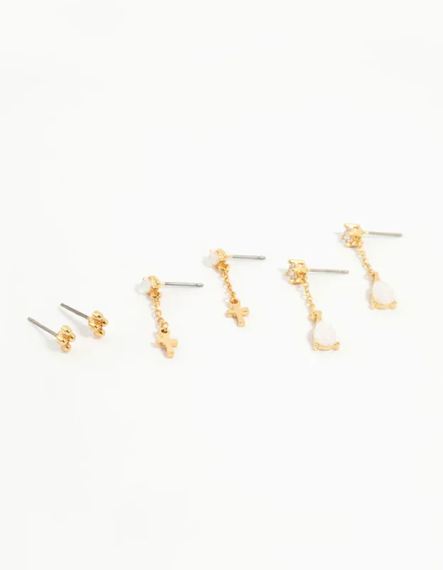 Gold Plated Cubic Zirconia & Cross Earrings 3-Pack sold by lovisa