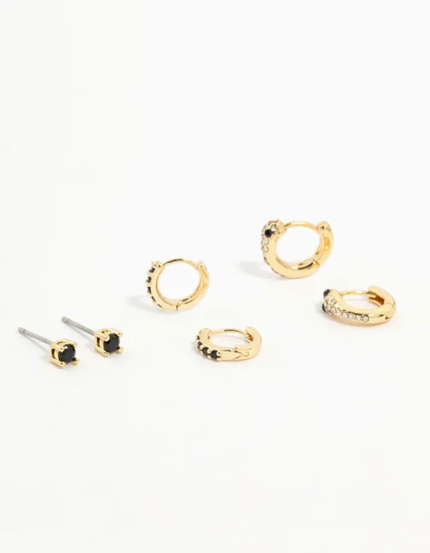 Gold Plated Black Cubic Zirconia Snake Huggie Earrings 3-Pack sold by lovisa