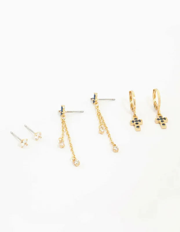 Gold Plated Cubic Zirconia & Cross Earrings 3-Pack sold by lovisa