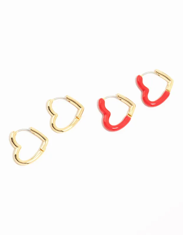 Gold Plated Enamel & Sleek Heart Hoop Earrings 2-Pack sold by lovisa