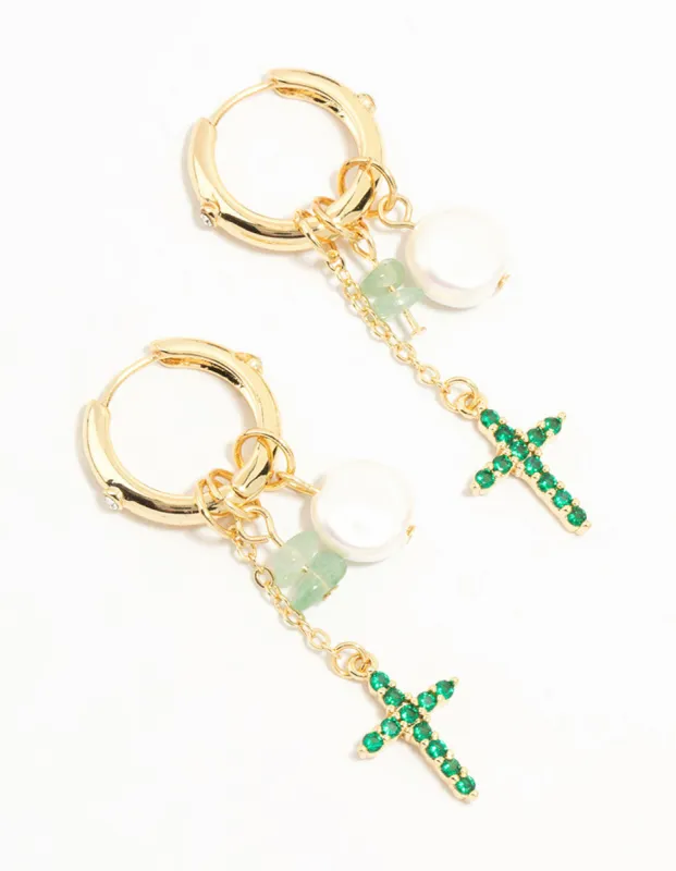 Gold Plated Green, Pearl & Cross Huggie Earrings sold by lovisa