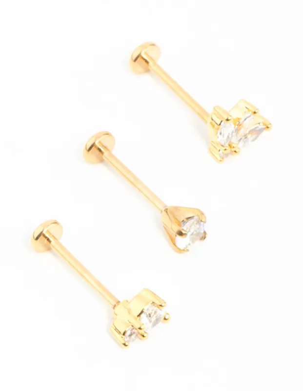 Gold Plated Surgical Steel Double Cubic Zirconia Flat Backs 3-Pack sold by lovisa