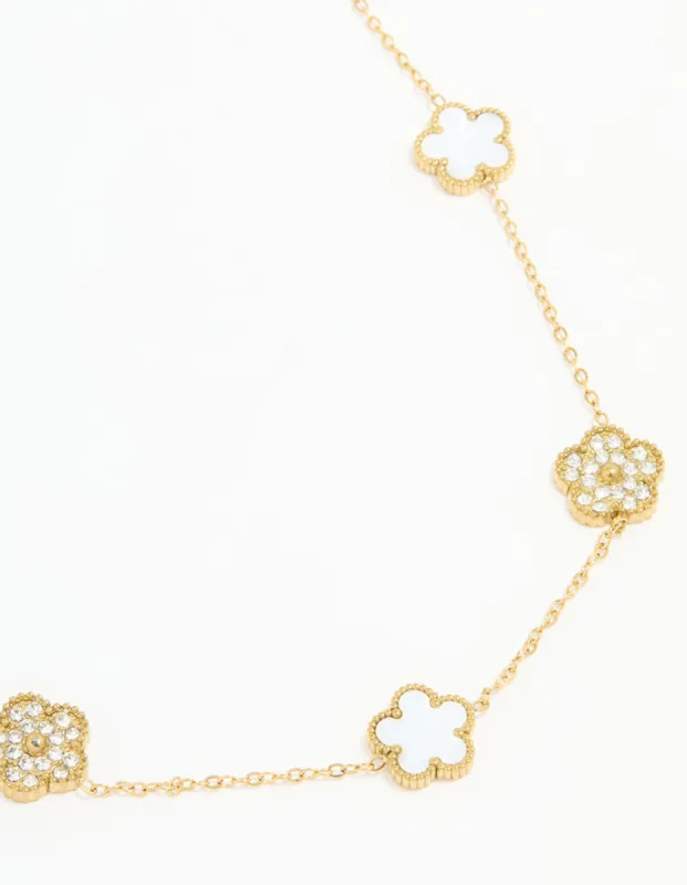 Waterproof Gold Plated Stainless Steel Diamante Flower Petal Charm Necklace sold by lovisa