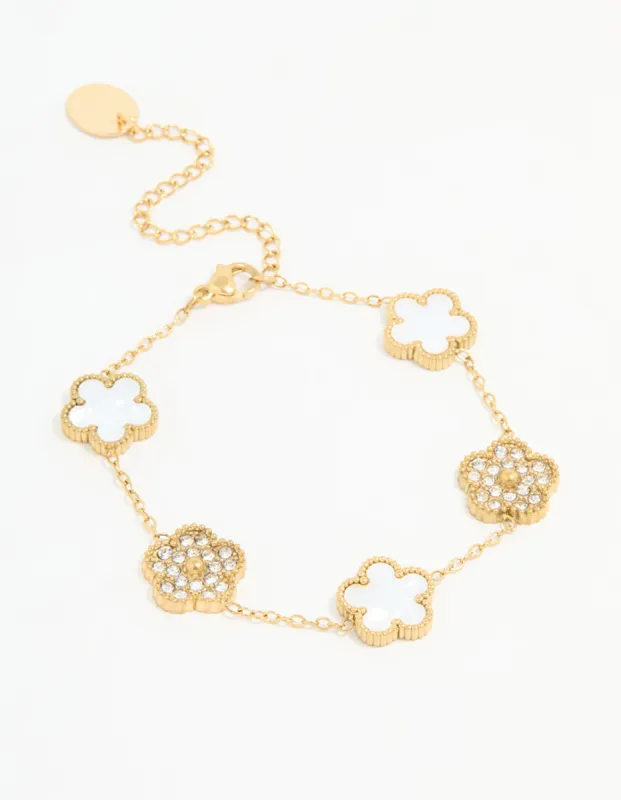 Waterproof Gold Plated Stainless Steel Diamante Flower Bracelet sold by lovisa