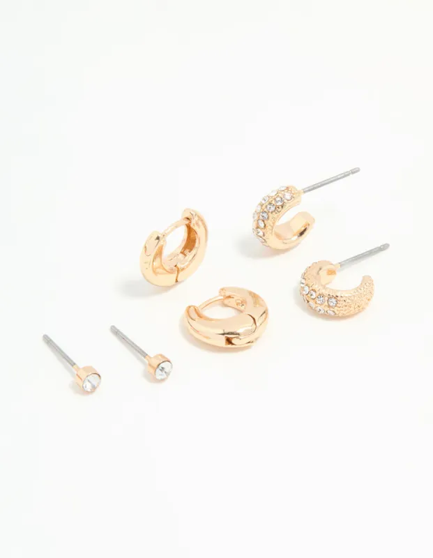 Gold Diamante Stud & Huggie Earrings 3-Pack sold by lovisa