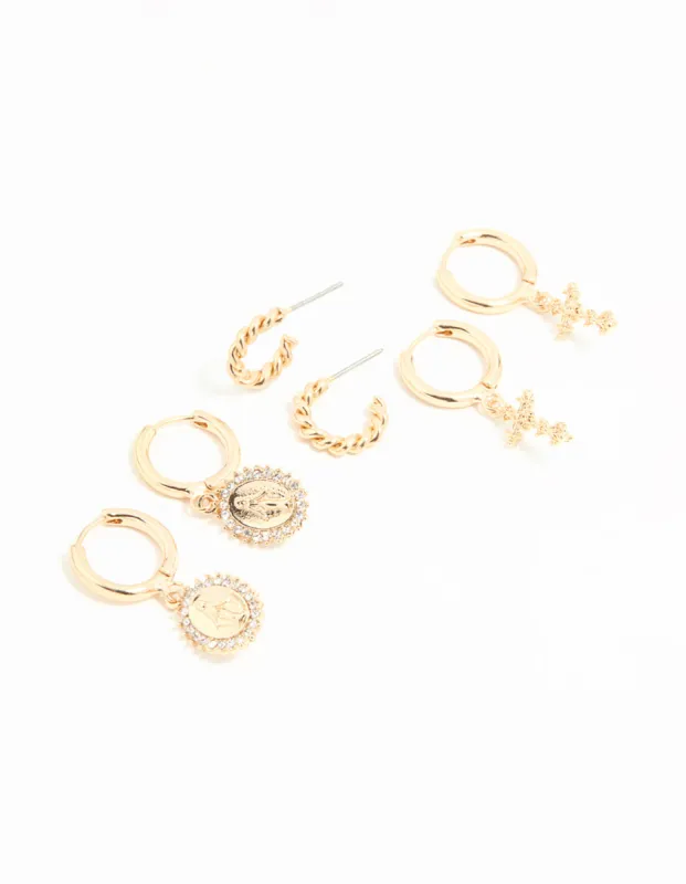 Gold Diamante Cross Huggie Earrings 3-Pack sold by lovisa