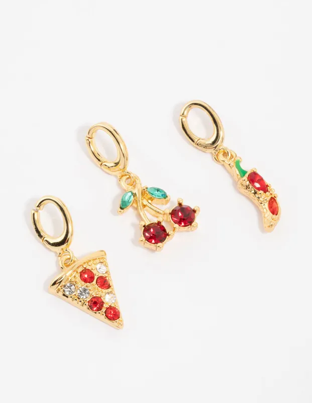 Gold Plated Diamante Cherry & Pizza Charms 3-Pack sold by lovisa