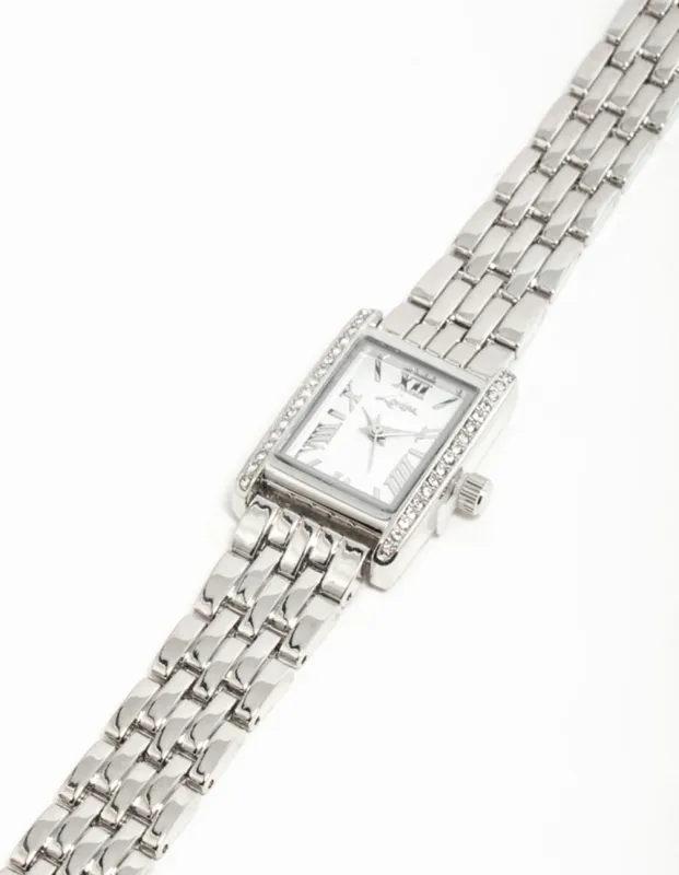 Silver Diamante Roman Numeral Enamel Rectangle Watch sold by lovisa