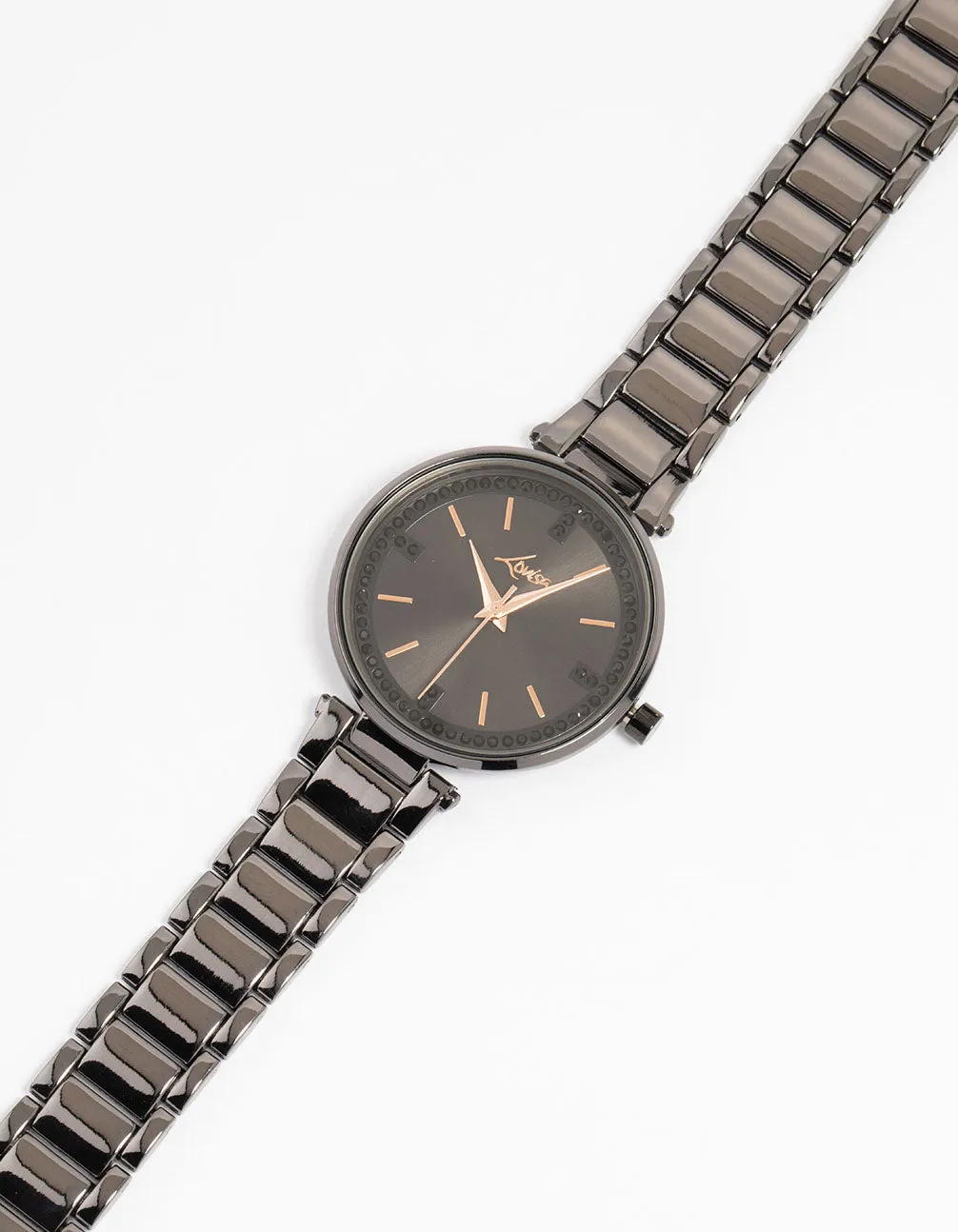 Black Coated Metal Diamante Round Watch sold by lovisa