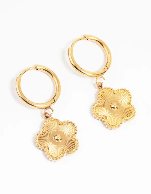 Waterproof Gold Plated Stainless Steel Flower Drop Hoop Earrings sold by lovisa